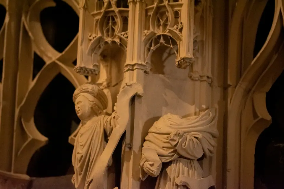 Detail of draped carved figures on the cathedral's choir screen