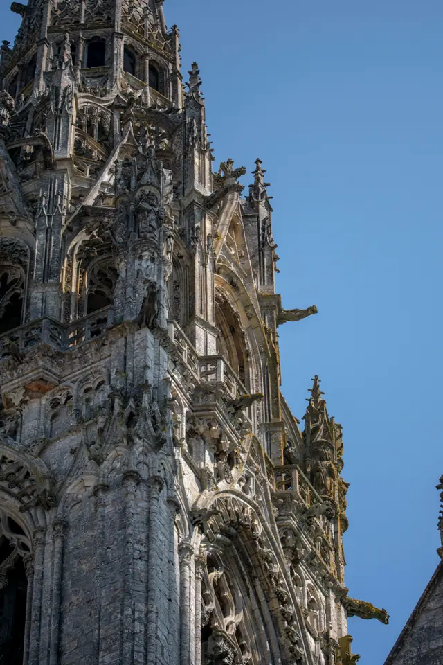 Upper stonework of Chartres Cathedral, gargoyles projecting from the buttress heads