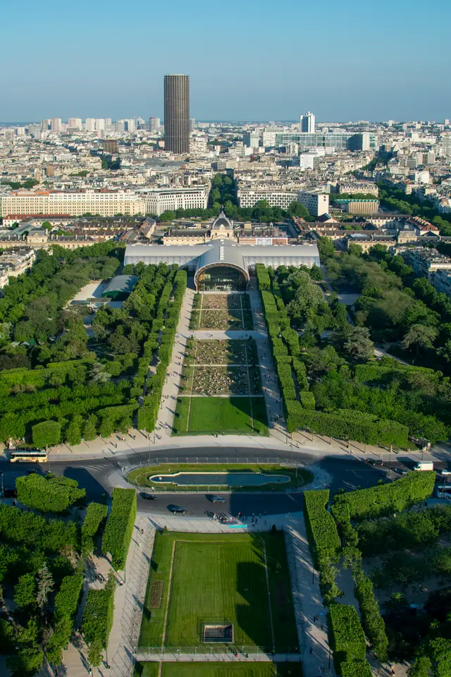 View from high on the Eiffel Tower looking down the formal gardens of the Champ de Mars