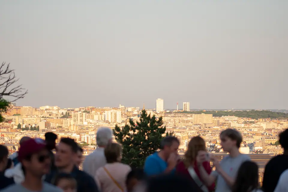 Crowd gathered along a hillside overlook taking in the city view across Paris